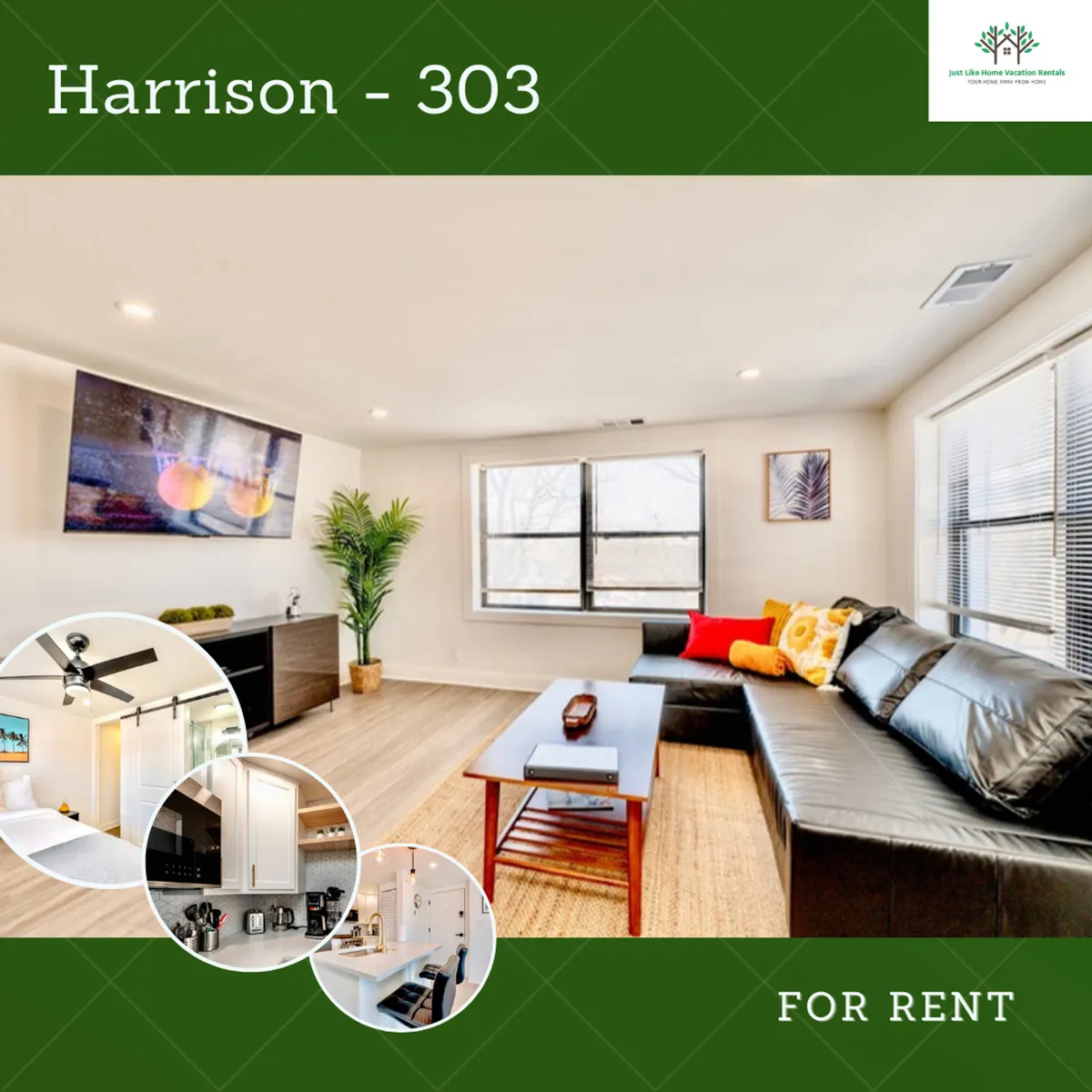 The image showcases a bright, modern living area with clean lines, featuring a cozy sofa facing a large TV, a stylish coffee table ideal for gathering, a lush plant adding a touch of warmth, and a window pouring in natural light. The space feels inviting and perfect for relaxing or entertaining, reflecting the comfort and vibrancy of city living.